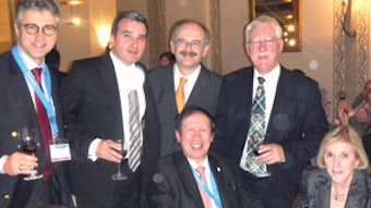 (Back left to right) Drs. Levent Soylu, Francis Marchal, Claudio Cernea, Randall Morton. (Front left to right) Dr. Kwang H. Kim and Mrs. Barbara L. Myers.
