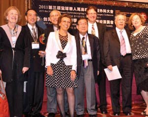 3rd World Chinese ENT Conference, Kaohsiung, Taiwan: Academy delegation: l. to r. Catherine R. Lincoln (Academy staff,) Prof. Fei-Peng Lee, MD (President, Taiwanese ENT Society,) Omar E.M. Abdullah, MD, FRCSC (Canada,) Prof. Graciela Pepe, MD (Argentina,) past president KJ Lee, MD, Regional Advisor for the Pacific Rim and delegation leader, H. Russell Semm, MD (USA,) Arcadio A. Munoz, MD and Mrs. Munoz (Chile.)