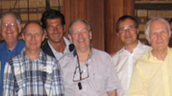 (left to right); Peter W. Alberti, MD (AAO-HNS), Alessandro Martini, MD (conference host), Robert J. Ruben, MD (AAO-HNS), Albert Mudry, MD (Switzerland), guest, Neil Weir, FRCS (UK), guest, Wolfgang Pirsig, MD (Germany), guest, Mrs. Sue Weir (UK), and Mrs. Elizabeth Alberti (Canada)