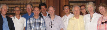 (left to right); Peter W. Alberti, MD (AAO-HNS), Alessandro Martini, MD (conference host), Robert J. Ruben, MD (AAO-HNS), Albert Mudry, MD (Switzerland), guest, Neil Weir, FRCS (UK), guest, Wolfgang Pirsig, MD (Germany), guest, Mrs. Sue Weir (UK), and Mrs. Elizabeth Alberti (Canada)