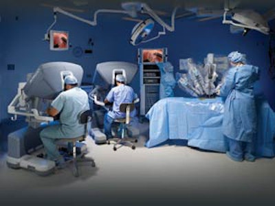 Operating room model set up for robotic surgery. © 2012 Intuitive Surgical, Inc.