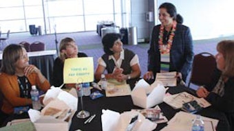 Smiles were among the many things shared over energizing conversations — here with Dr. Sujana Chandrasekhar.