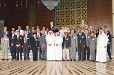 WHO-EMR Meeting on Deafness, Qatar (front row, R to L). Dr. Khalid Ali Altalhi Abu Alwah (Saudi Arabia); Dr. Jaouad Hammou (Morocco); Dr. Haroon Awan (Pakistan); Dr. Saad Abdillahi Awaleh (Djibouti); Dr. Mohamed Hosny Abdel Alim (Egypt); Dr. Abdul Hanan Choudhury (WHO-EMRO, Egypt); Dr. Salih Ali Al-Marri (Qatar); Dr. Khalid Abdul Hadi (Qatar); Dr. Ghulam Kazi (WHO Pakistan); Dr. Soha Ghossaini (U.S.); Dr. Monzer Hamzeh Al Labadi (Jordan); Dr. Abdul Karim Al Saei (Bahrain); Dr. Hassan Falih Al Sultany (Iraq); and Prof. Manzoor Ahmad (Pakistan).