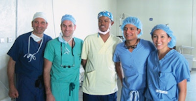 The surgical team in Mekelle, Ethiopia. From right to left, Audrey Calzada, MD, Gabe Calzada, MD, Adamu Yilikal, MD, Andrew Mallon, DO, and Glenn Isaacson, MD.