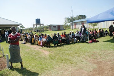 Patients wait outside the surgery center to be evaluated.