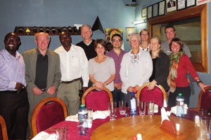 After a long day of work, the team gathered for dinner L-R: Henry Ngoitsi Nono, MMed, Jack Coleman, MD, Denge Makaya, MMed, Bruce Campbell, MD, Debara Tucci, MD, Joel Franco, Diana Sullivan, RN, Susan Cordes, MD, Kathi Campbell, RN, Kyle Cordes, and Theresa Vernon