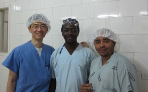 Training of African general surgery residents in head and neck surgery. Pictured left to right: Dr. Sun, Honore Liale (ENT nurse), and Dr. Kyota.