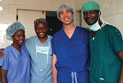 Dr. Gooi spent two weeks at Mbingo Baptist Hospital, Cameroon, as part of a mission trip performing head and neck oncology procedures, including repairing mandibular fractures. From left to right Keafon Nchifor, MD, otolaryngology resident; Tony Mwenyemali, MD, general surgery resident; Zhen Gooi, MD; and Desiree, OR scrub tech.