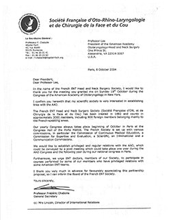 Click image to see the 2004 letter to the AAO-HNS from KJ Lee, MD, Coordinator for International Affairs for Société Française d’ORL et de Chirurgie de la Face et du Cou.