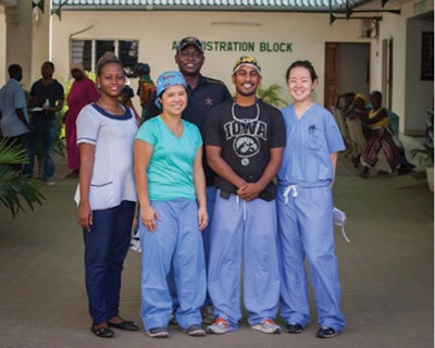 Figure 1. The hearing screening team (left to right) Tina Nakapuyusi, local RN; Charissa Kahue, MD, PGY3 Vanderbilt ENT resident; Moses Gona, NGO volunteer; Asitha Jayawardena, MD MPH, PGY3 Vanderbilt ENT resident; Justine Kim, 4th year medical student.