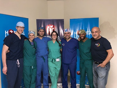 Post-mission photograph celebrating the patient care, hard work and commeraderie of the Global Smile Foundation team. From left to right: Alexander Marston, MD, Megan Gaffey, MD, Elie Ramly, MD, Laura Hetzler, MD, Fernando Almas, DDS, MD, Adam Johnson, MD, Usama Hamdan, MD