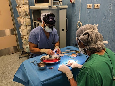 Dr. Alemi (left) and Dr. Rousso (right) perform a first-stage microtia repair using rib cartilage to build the ear construct