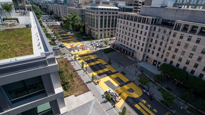 The Black Lives Matter Plaza in Washington, D.C., spans two blocks of 16th Street.