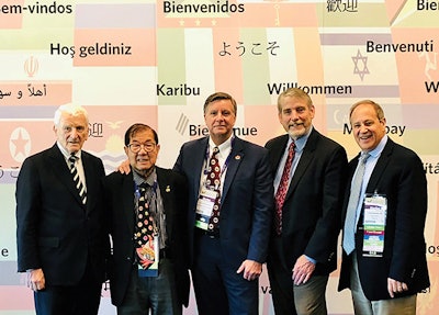 AAO-HNSF 2019 Annual Meeting & OTO Experience: During the International Advisory Board General Assembly, it was a rare moment to capture all the individuals who have served as AAO-HNSF Coordinator for International Affairs to date. From left to right are Eugene N. Myers, MD, FRCS Edin (Hon); K J Lee, MD; Gregory W. Randolph, MD; James E. Saunders, MD; and J. Pablo Stolovitzky, MD.