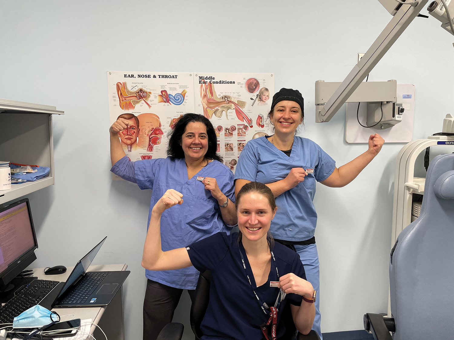 AAO-HNS Past President Sujana S. Chandrasekhar, MD, Sabina Omerhodzic, MD, and Ellie Morse, MD, (seated) celebrated at the Bronx VA Hospital by donating to the WIO Endowment, sporting their pins, and showing their strength!