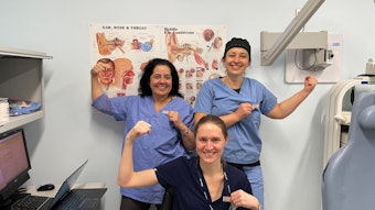 AAO-HNS Past President Sujana S. Chandrasekhar, MD, Sabina Omerhodzic, MD, and Ellie Morse, MD, (seated) celebrated at the Bronx VA Hospital by donating to the WIO Endowment, sporting their pins, and showing their strength!