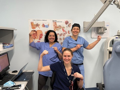 AAO-HNS Past President Sujana S. Chandrasekhar, MD, Sabina Omerhodzic, MD, and Ellie Morse, MD, (seated) celebrated at the Bronx VA Hospital by donating to the WIO Endowment, sporting their pins, and showing their strength!