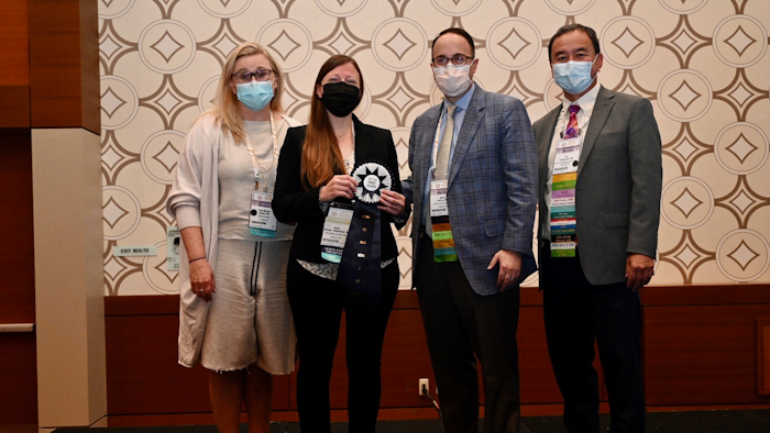 SIM Tank first place winner Alexis Graham-Stephenson, MD, pictured second to left, with Kelly Malloy, MD, Chair of the AAO-HNSF Simulation Committee; Jeffrey P. Simons, MD, MMM, AAO-HNSF Coordinator for Education; and Ken Yanagisawa, MD, AAO-HNS/F President-elect.