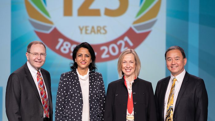 From left to right: James C. Denneny III, MD, AAO-HNS/F Executive Vice President and CEO, Neha Sangwan, MD, Carol R. Bradford, MD, MS, AAO-HNS/F President, and Ken Yanagisawa, MD, President-elect.