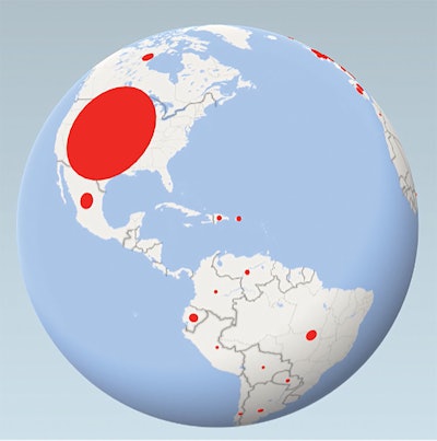 Figure 3. Animated global view of patient entries. Size of red dot corresponds to number of entries from a given country.