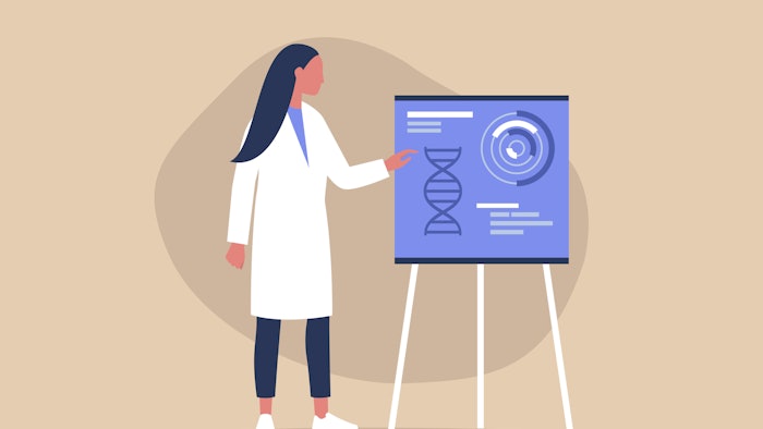 Graphic of a woman in lab coat pointing at poster