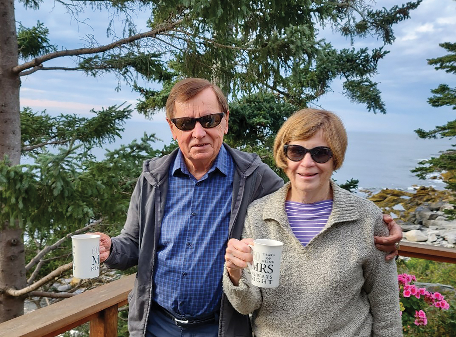 Dr. Joan Zajtchuk and Dr. Russ Zajtchuk at their Maine home celebrating their 62nd wedding anniversary in September 2021.