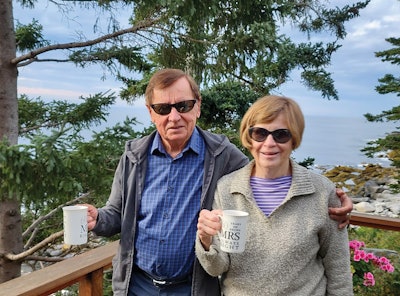 Dr. Joan Zajtchuk and Dr. Russ Zajtchuk at their Maine home celebrating their 62nd wedding anniversary in September 2021.