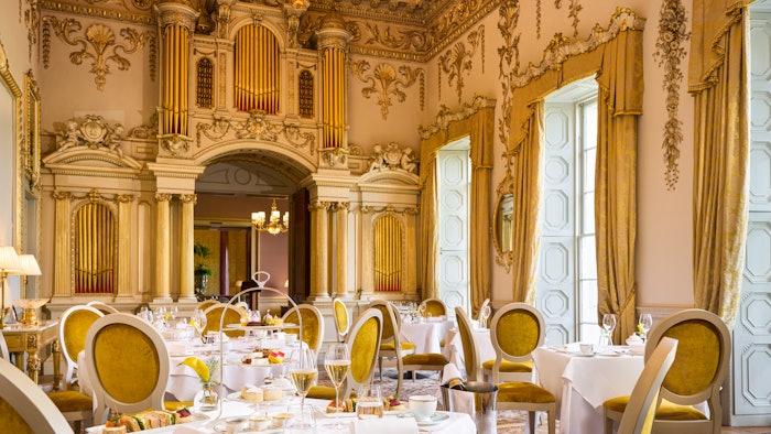The complete refurbishment of Carton House included the preservation and matching of original hand-painted wallpapers and the conservation of the stucco plasterwork ceiling in the Gold Salon, dating from the late 1700s, by the renowned Lafranchini brothers.