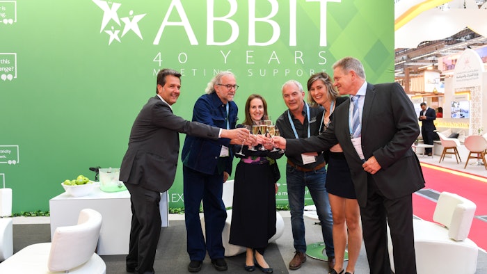 Celebrating two decades of partnership are, from left to right: Federico Toja, director chapter business for Europe, MPI; Maarten Vanneste, founder, ABBIT; Carina Bauer, CEO, IMEX Group; Frank Denies, COO, ABBIT; Evelien Aernaudts, business development manager, ABBIT; and Dominic De Gruyter, CEO, ABBIT.