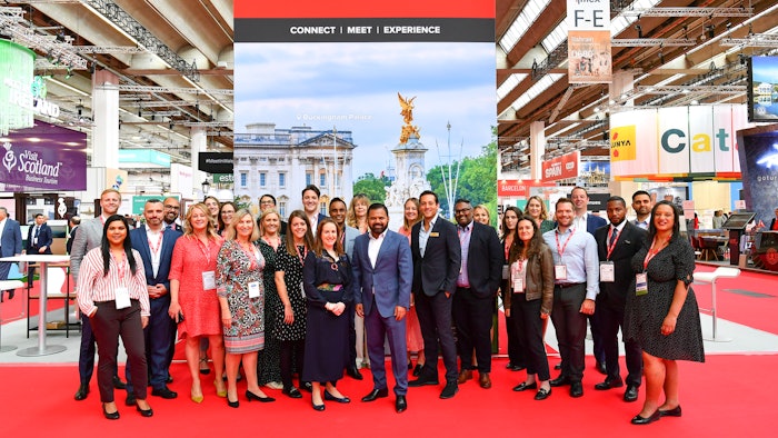 Rajesh Agrawal, deputy mayor of London for Business, with Carina Bauer, IMEX Group CEO, and Richard Allchild, IMEX head of sales North America, and the London & Partners team and partners at stand F440.