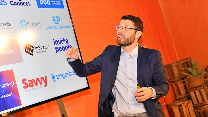 Miguel Neves, Skift Meetings editor in chief, updated IMEX in Frankfurt attendees on the the latest in event tech.