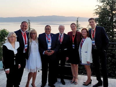 Opening Ceremony of 12th Balkan Congress, Ohrid, North Macedonia Featured, left to right, Frodita Jakimovska, MD, President, 12th Balkan Congress ORL&HNS; Prof. Cem Meco, MD, FEBORL-HNS, President, CEORL-HNS 2020-2022; Marina Davcheva-Chakar, MD, President, Balkan ORL&HNS Society; Prof. Hesham Negm, MD, Faculty of Medicine Cairo University; Prof. Karl Hoermann, MD, AAO-HNSF 2021 IAB Chair; Maria V. Suurna, MD, AAO-HNS Regional Advisor to Europe; Kathleen L. Yaremchuk, MD, MS, AAO-HNS/F President-elect; and Jane Netkovski, MD, Vice President of Balkan ORL&HNS Society and 12th Balkan Congress ORL&HNS.