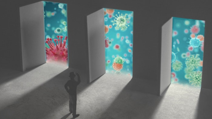 Graphic of a person standing in front of three open doors.