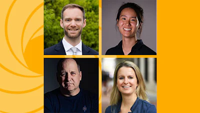 The judging panel for the ENTrepreneur Faceoff: (from upper left and clockwise) Alexander Brethaur, Jina Ko, PhD, Katherine Reuther, PhD, and Matthew Maltese, PhD.