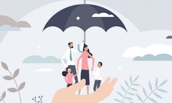 Graphic of a family standing on a giant hand under an umbrella.