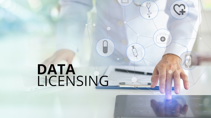 Graphic of a person in a lab coat using a touch screen with the words Data Licensing overlayed.