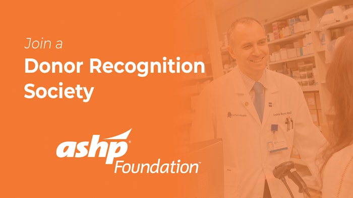 Graphic with a photo of a pharmacist in the background and overlayed text Join a Donor Recognition Society