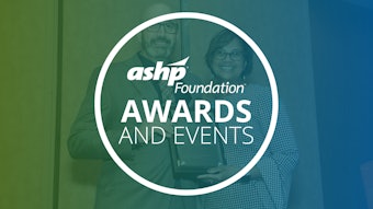 Graphic with two people posing with an award in the background and overlayed text reading ASHP Foundation Awards and Events