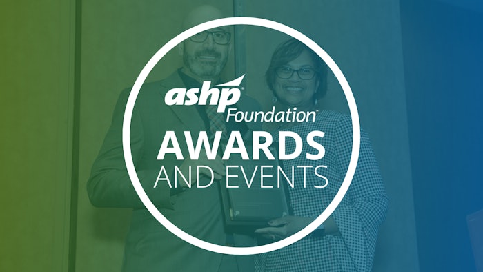 Graphic with two people posing with an award in the background and overlayed text reading ASHP Foundation Awards and Events