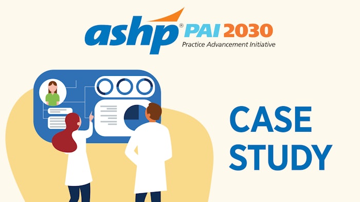 Graphic of two medical people looking at a screen with the text ASHP PAI 2030 Case Study