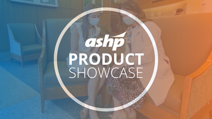 Graphic with photo of two masked women looking at papers with ASHP Product Showcase overlayed on top