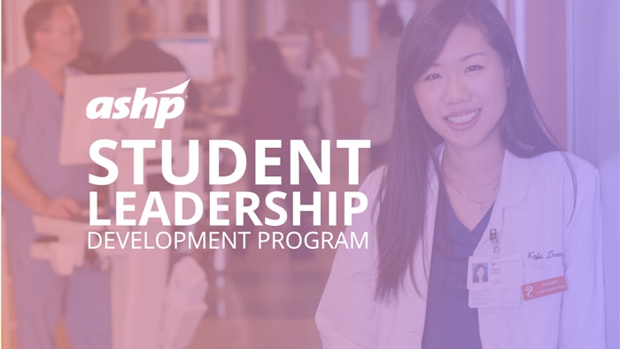 Picture of a smiling female pharmacist with the text ASHP Student Leadership Development Program overlayed