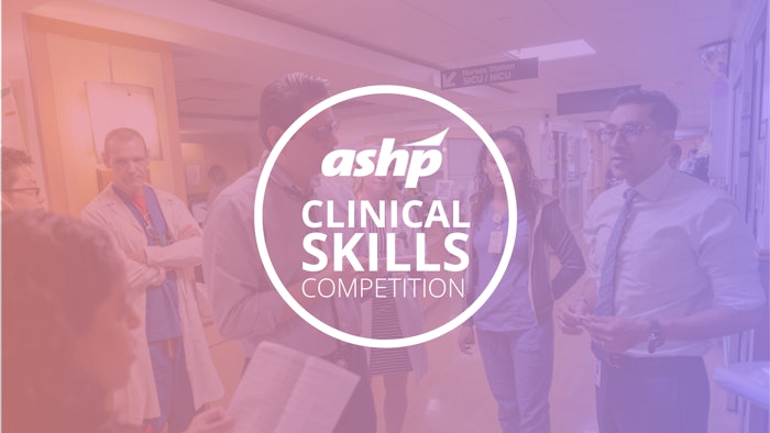 Graphic of medical professionals talking in a hospital setting with ASHP Clinical Skills Competition text overlay.