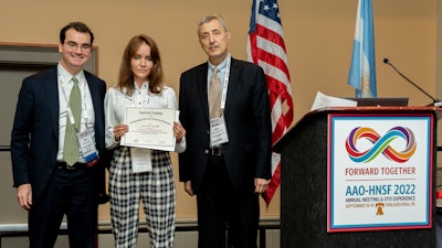 Ágnes Szakács -Paál, MD, with Mark E. Zafereo, MD, AAO-HNSF Coordinator for International Affairs, (left) and Muaaz Tarabichi, MD, 2021 AAO-HNSF International Advisory Board Chair (right).
