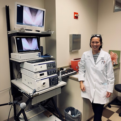 Dr. Rebecca Hoesli, MD, a fellowship-trained laryngologist, in her videostroboscopy room. It's not every day you see a doctor's office equipped with a microphone and electric keyboard.