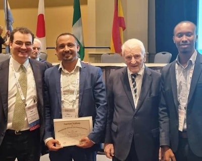 Left to right: Mark E. Zafereo, MD, AAO-HNSF Coordinator for International Affairs, Dr. Gellaw, , Eugene N. Myers, MD, FRCS Edin (Hon), and fellow 2022 IVS awardee, Dr. Aslam Nkya