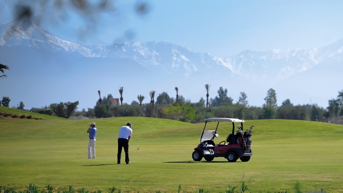 The 18-hole golf course at the Fairmont Royal Palm Marrakech was designed by Cabell B. Robinson and features the Atlas Mountains as a backdrop.