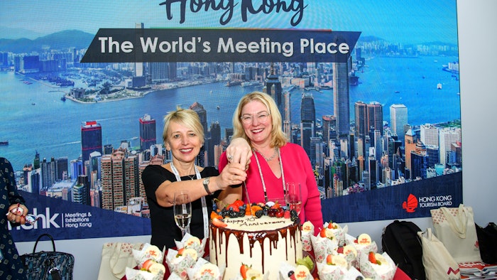 Cheers to a decade of fruitful collaboration! Hong Kong Tourist Board (HKTB) and IAPCO celebrate their 10th anniversary partnership with a sweet treat. Pictured are Dawn Page, HKTB director of UK & Northern Europe, and Sarah Markey-Hamm, IAPCO president and council member, raising a glass to many more successful years to come.