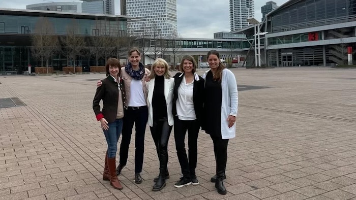 Representatives of the Frankfurt Convention Bureau and Messe Frankfurt gather outside the venue. Pictured from left to right, Christine Grimm (FCB), Kirsten Bialonski (MF), Eva Klinger (FCB), Jutta Heinrich (MF) and Nora Nasse (FCB).