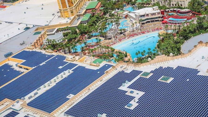 MGM Resorts International’s 100-megawatt solar array spans more than 6 million square metres of buildings across 13 properties and more than 36,000 rooms on the Las Vegas Strip, including Bellagio, ARIA, Mandalay Bay, MGM Grand and The Mirage.